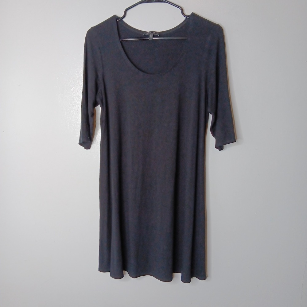 Eileen Fisher Swing Tunic Top Womens M Black Jersey Knit Scoop Neck Elbow Sleeve
